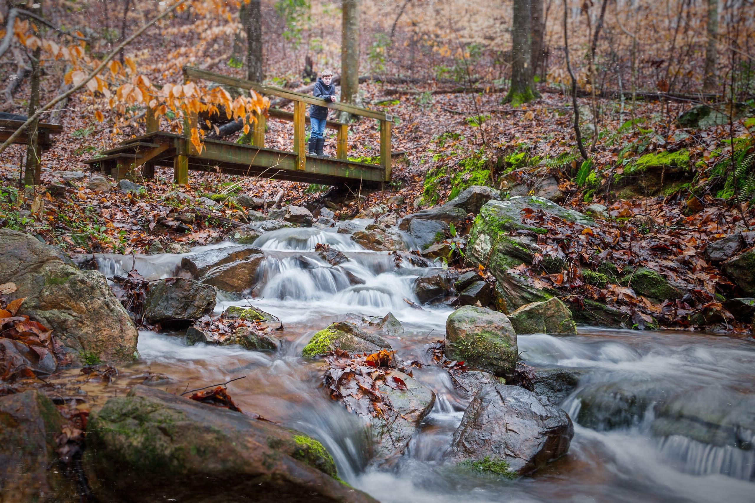 Young male on a bridge looking at a river running over mossy rocks, below.